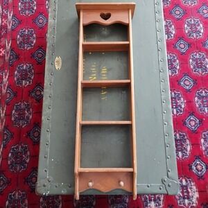 Vintage Wood Wall Shelf Heart Cutout 4 Tier Spice Curio Rack with Pegs 24x7x2